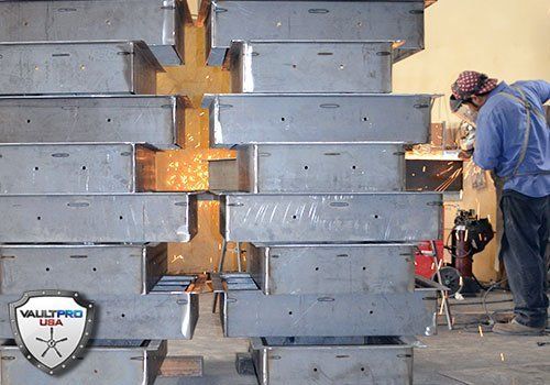 Workers welding large stacked metal beams, with bright sparks in an industrial workshop.