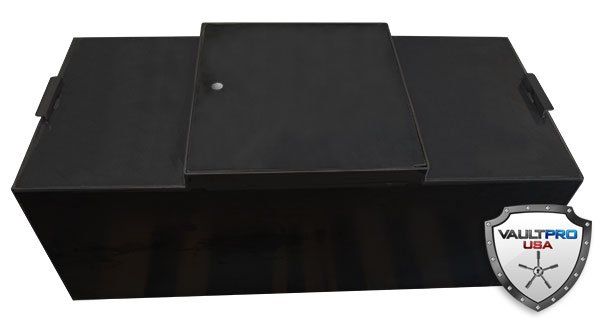Black rectangular metal box with a hinged lid and side latches, shown on a white background.