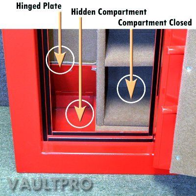 Red vault door showing a hinged plate and hidden compartment, labeled with arrows.