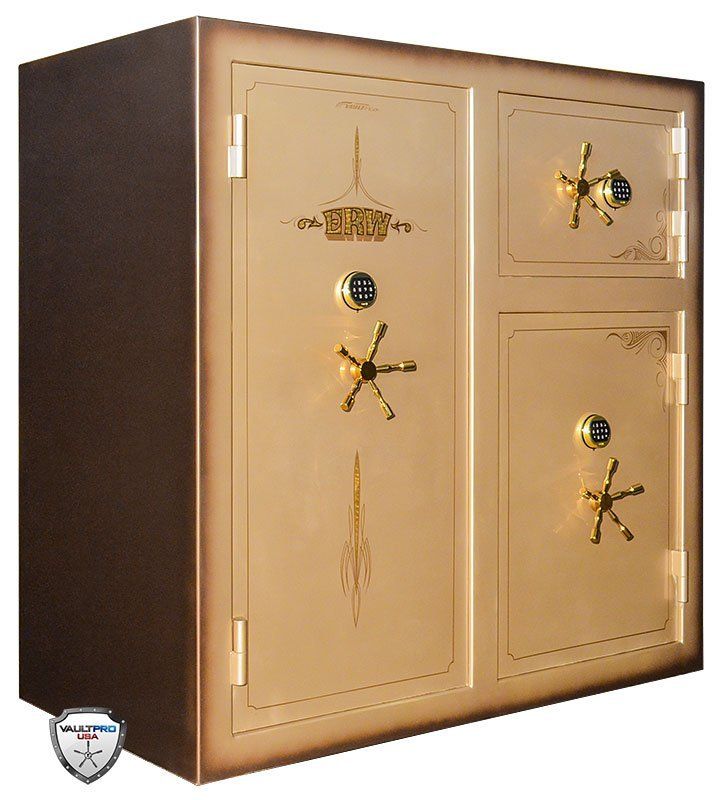 Gold and brown wall-safe with ornate lock handles and multiple doors