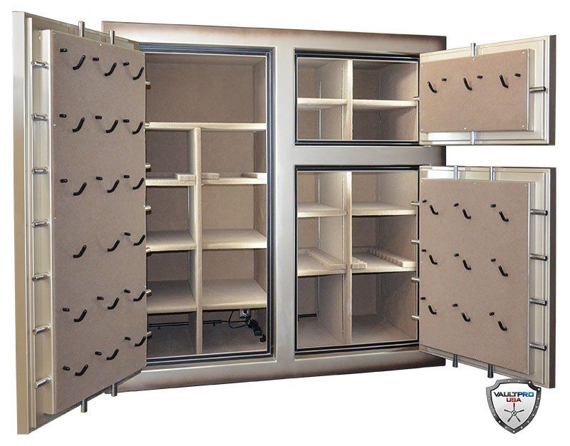 Open metal locker cabinet with shelves and pegboard-style doors, shown in beige and gray.