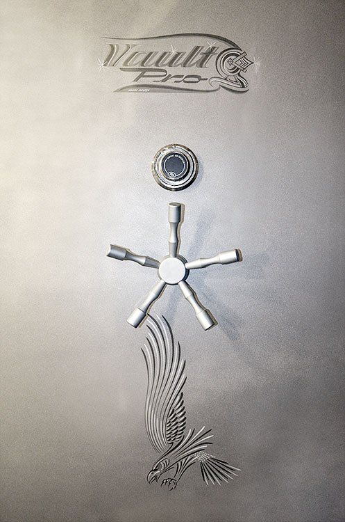 Steel safe door with handle and logo engraving on a brushed metal surface