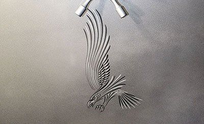 Abstract black line art of a bird beneath a showerhead on a gray textured background
