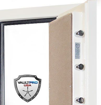 Open door of a beige gun safe with a ValutPro USA shield logo inside.