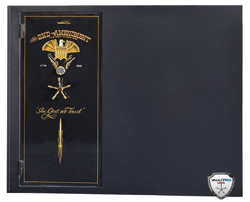 Black safe door with gold emblem and lettering on the left against a dark gray background