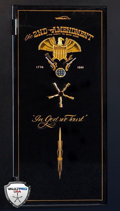 Black military memorial plaque with gold emblem, crossed rifles, and “In God We Trust” text