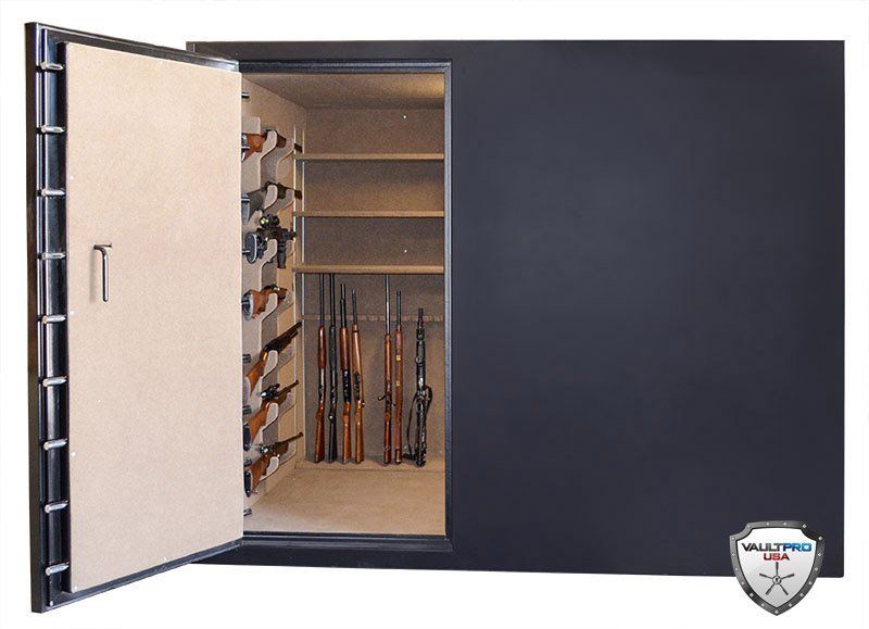 Open gun safe with rifles stored inside and the door ajar
