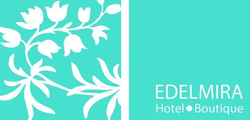 Edelmira Hotel Boutique logo with white floral branch on teal background