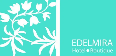 Edelmira Hotel Boutique logo with white floral branch on teal background