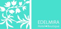 Turquoise hotel logo with white floral branch and text “EDELMIRA Hotel Boutique”