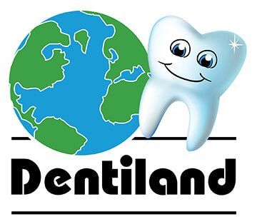 A logo for dentiland with a smiling tooth and a globe