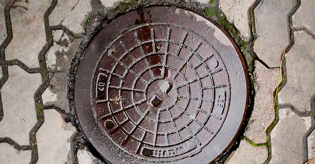 a manhole cover is sitting on a brick sidewalk .