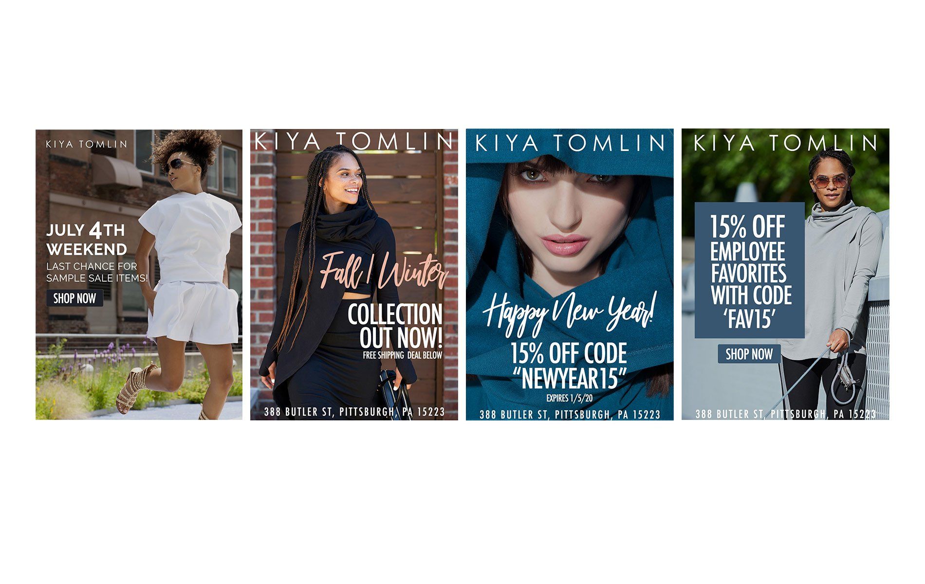 Four fashion ads for Kiya Tomlin, featuring models and sale promotions.