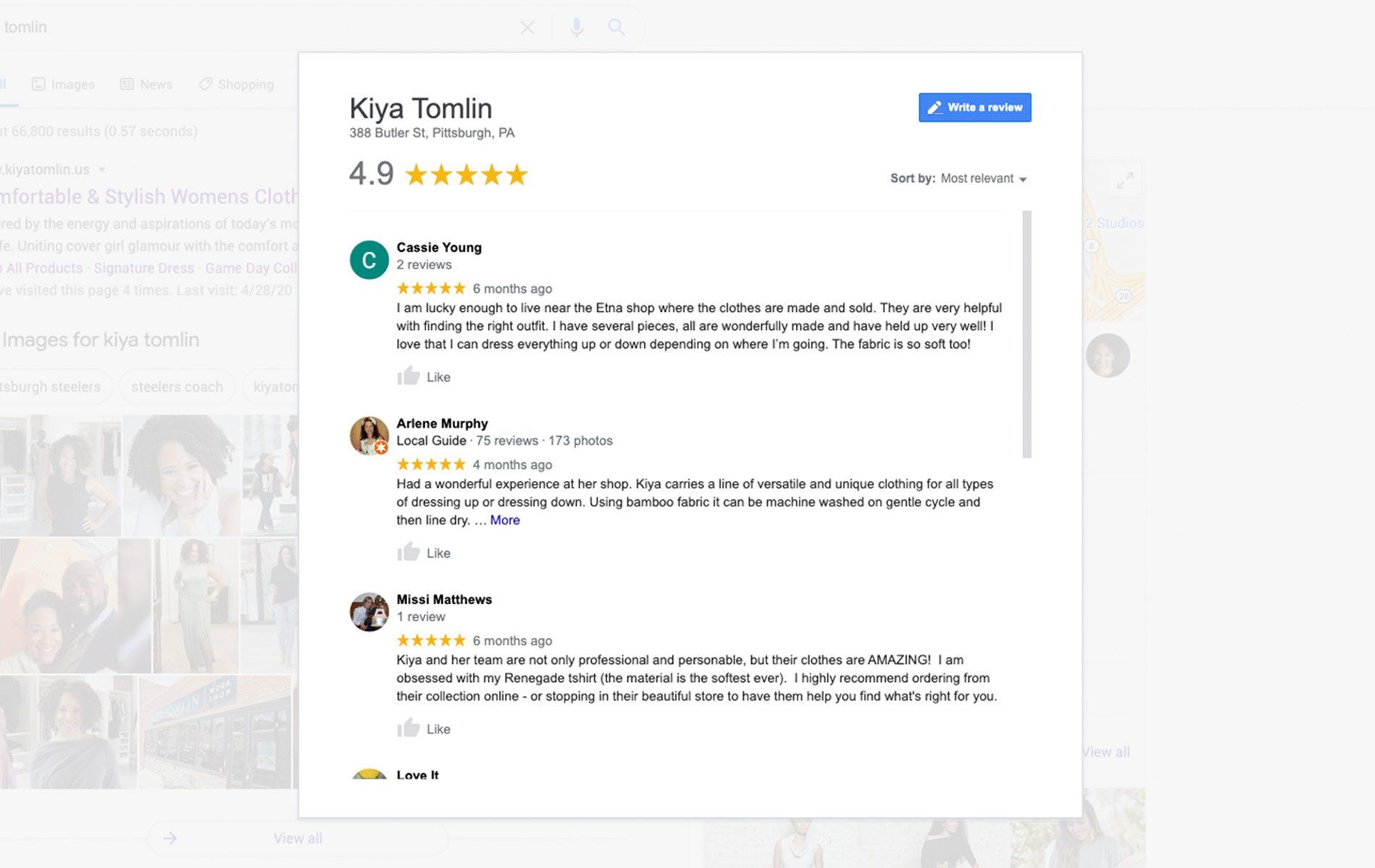 Kiya Tan-in Google review panel showing 4.5 stars and three customer reviews.
