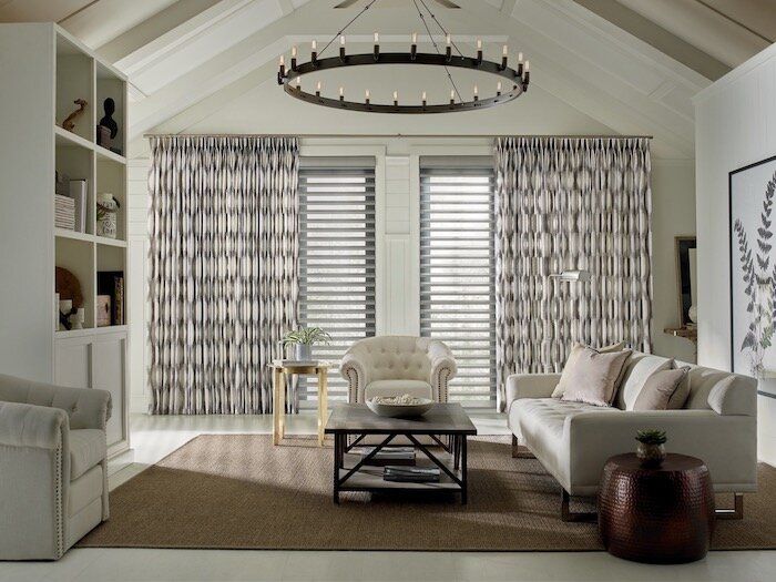 Custom Drapery and Sheer Shades living room with curtain and sheer shades