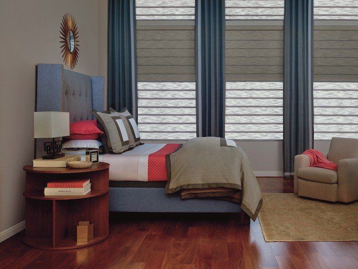 Modern Roman Shades and Blue Drapery Panels Roman Shades and Blue Drapery Panels