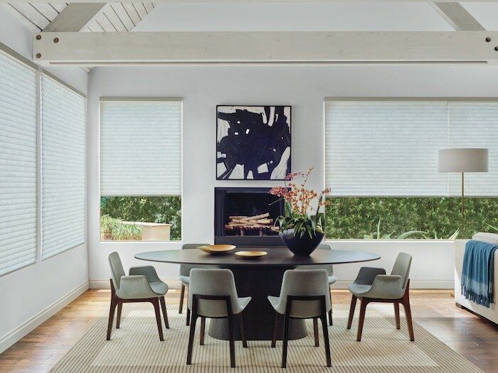 Cell Shades Fireplace flanked by cell shades