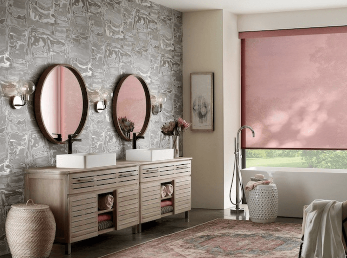 Add an antique rug and vintage wallpaper to otherwise modern décor.