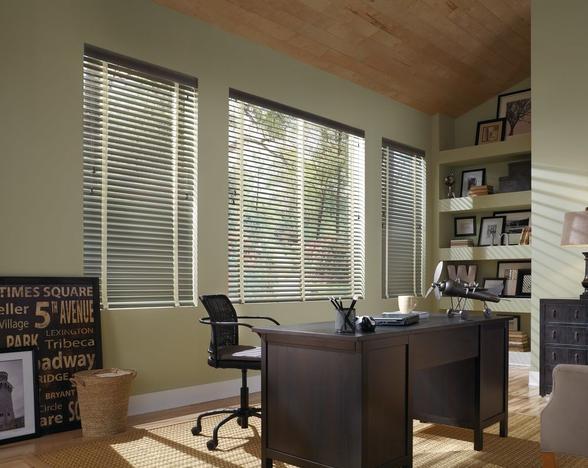Wood Blinds with Decorative Tapes in office windows
