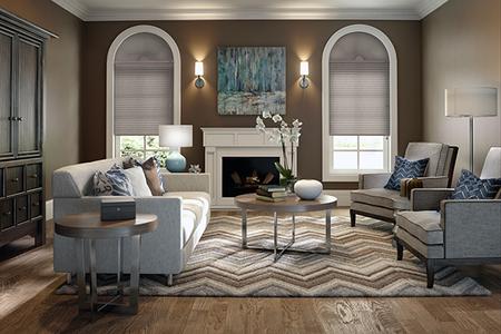 ​Woven Wood Shades in living room Arched Windows