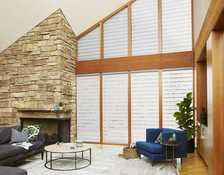 Hunter Douglas Shadings in living room angled windows