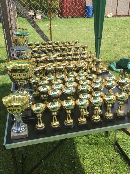 Rows of trophies under gazebo