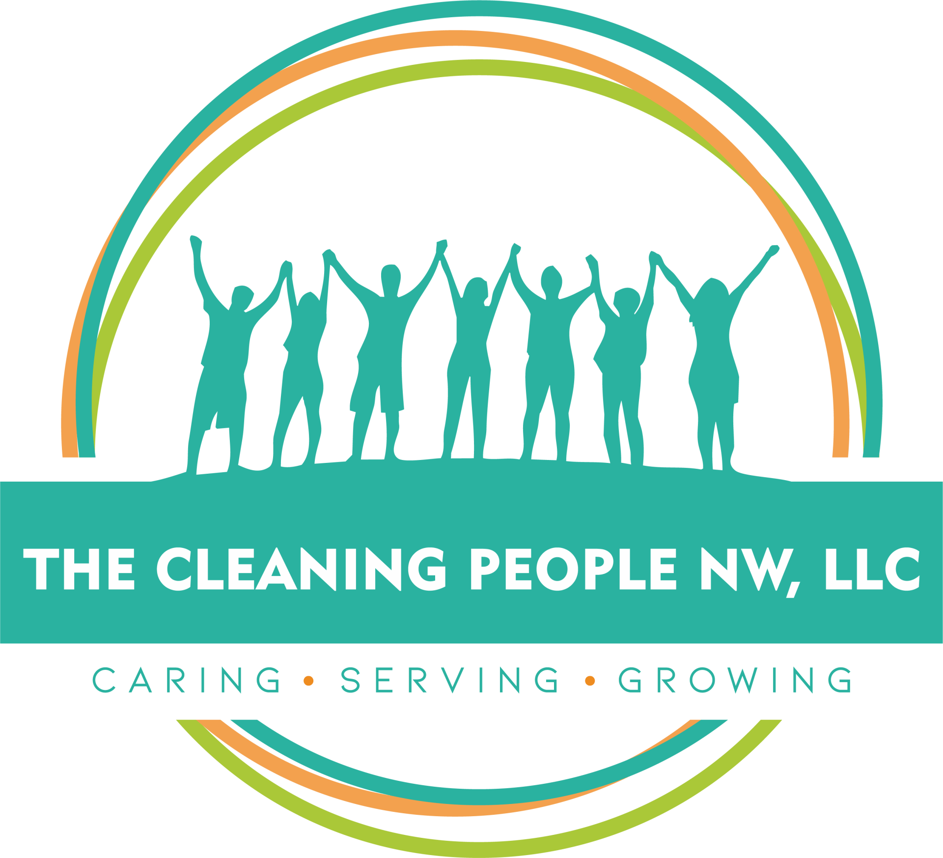 The logo for the cleaning people nw llc shows a group of people holding hands in a circle.
