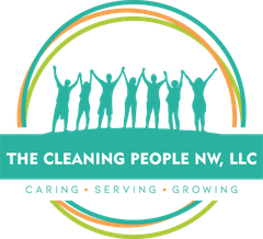 The logo for the cleaning people nw llc shows a group of people holding hands in a circle.