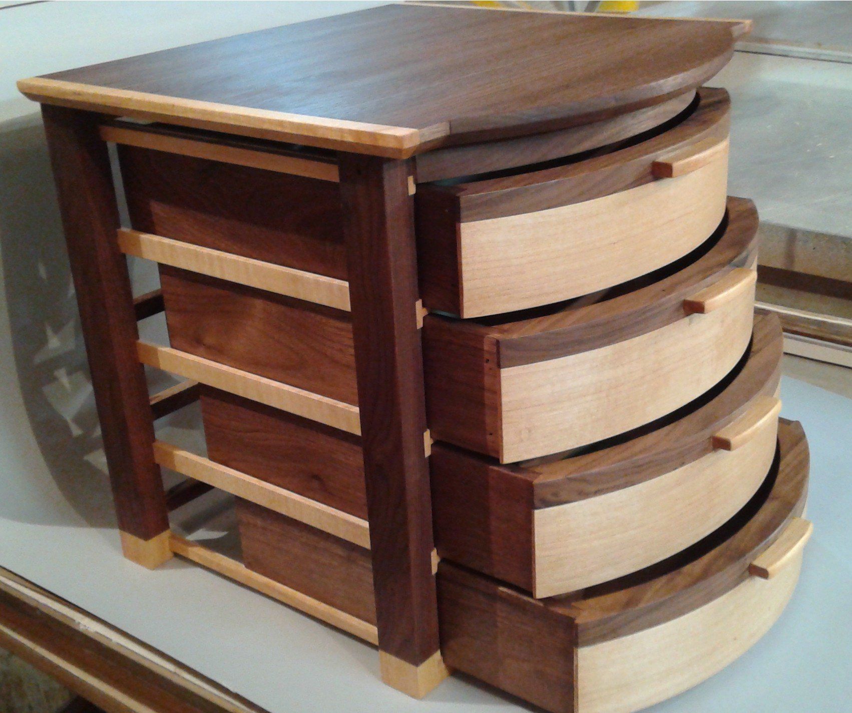 walnut and maple wood tea chest