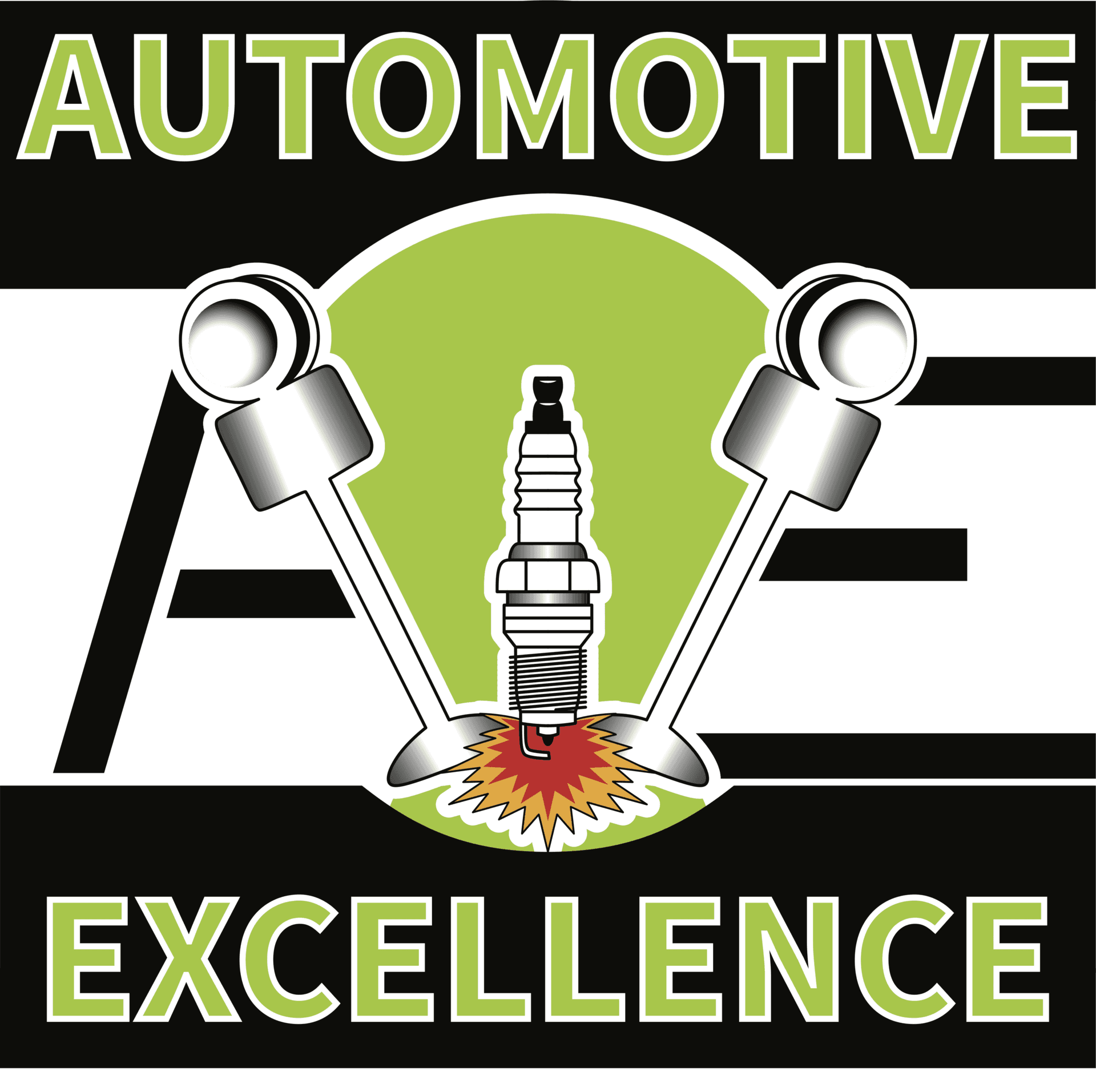 A logo for automotive excellence with a spark plug and pistons