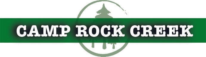 Logo for Camp Rock Creek: text in white on a green rectangle, with a green circle that contains a tree.