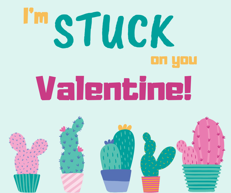 Valentine's Day card with cacti illustrations and the words