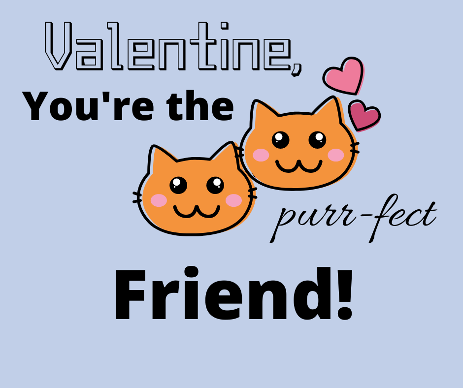 Valentine's day card with two orange cat faces, hearts, and the words