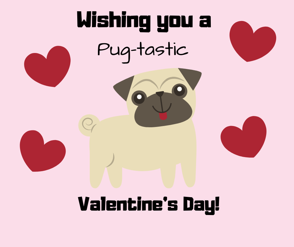 Cartoon pug with red hearts, text reads: