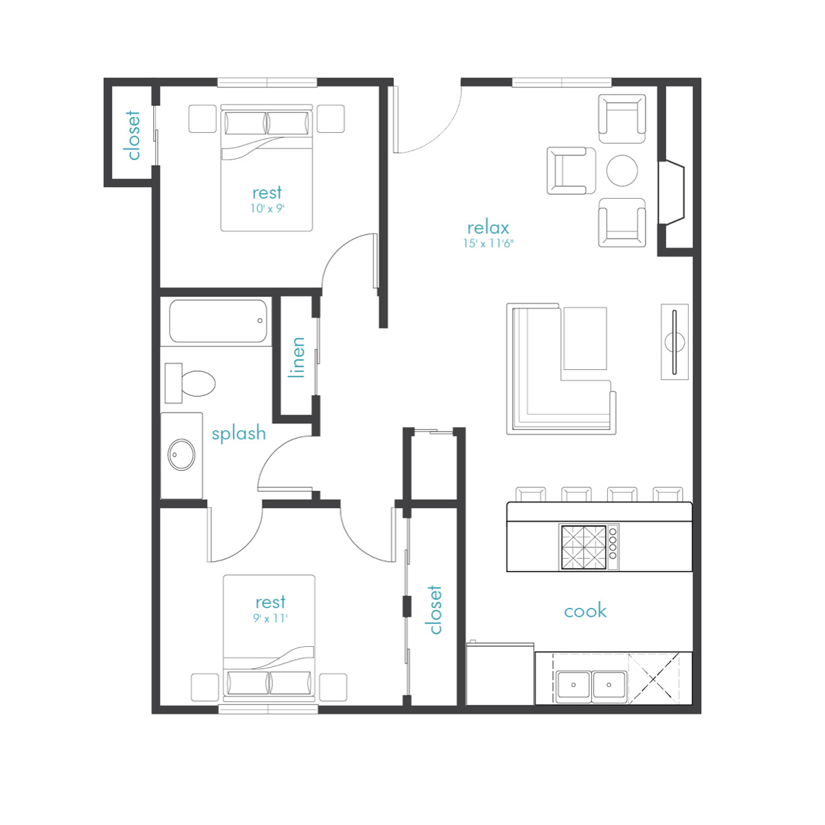 2 Bed 1 Bath Floor Plan