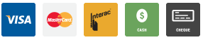 Payment method icons: Visa, Mastercard, Interac, cash, and cheque.