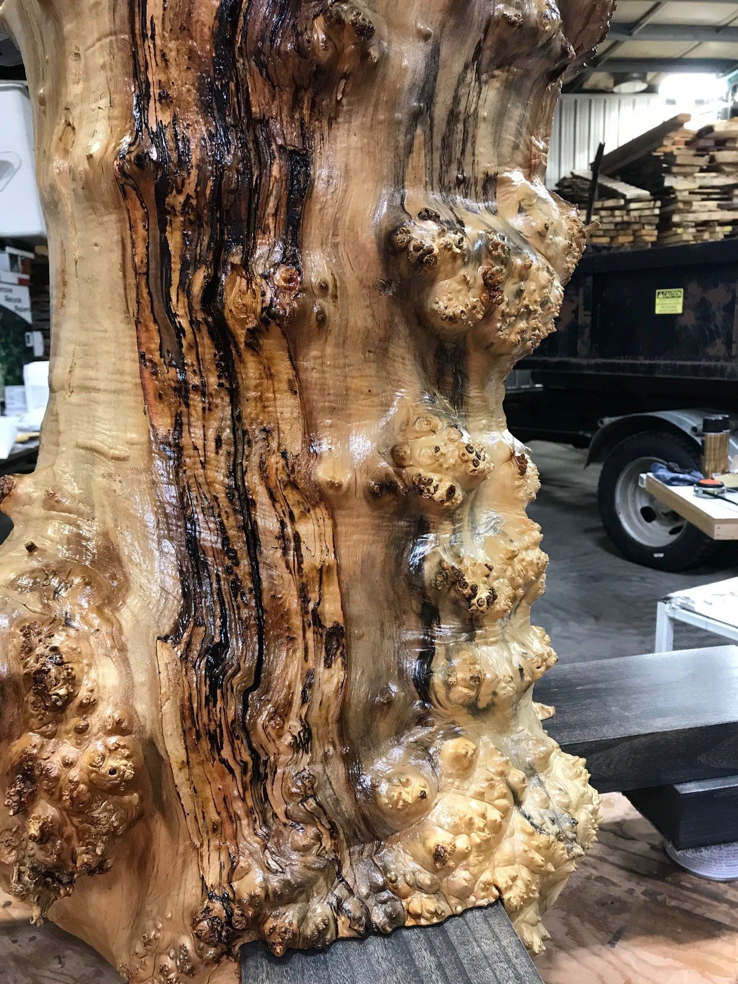 Close-up of a textured, glossy wooden sculpture or log in a workshop setting