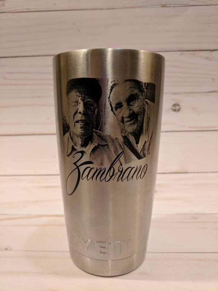Stainless steel Yeti tumbler with engraved portraits and