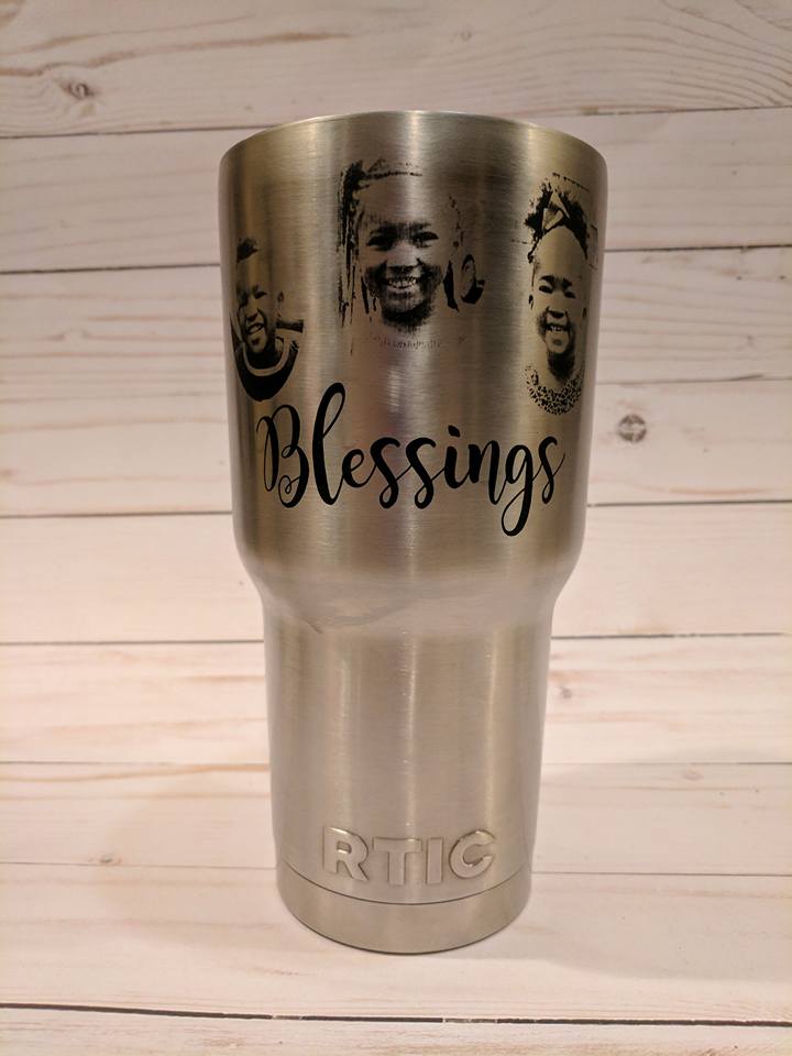 Silver RTIC tumbler with etched faces and