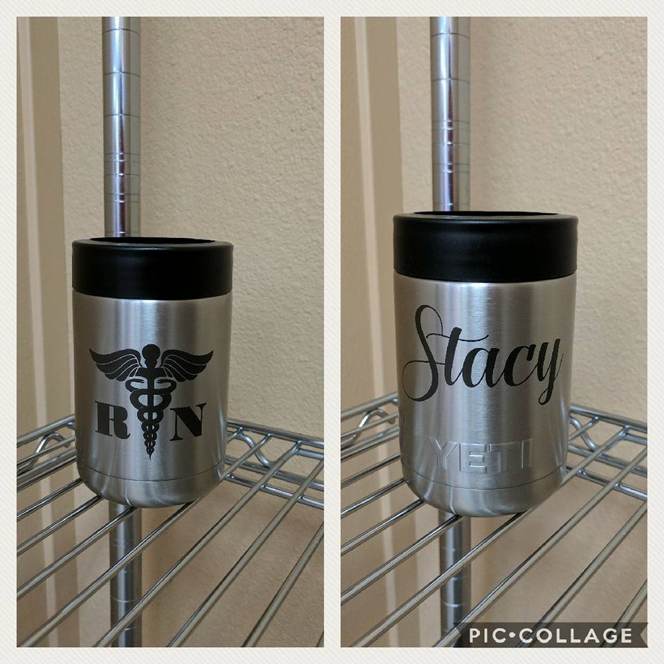 Two stainless steel drink holders, one with nurse symbol, other with