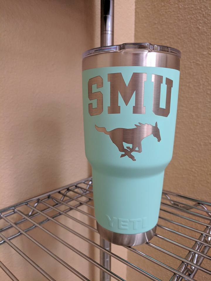 Mint Yeti tumbler with SMU logo and a running mustang.