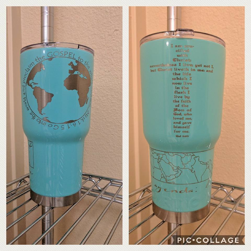 Two side-by-side images of a teal tumbler with engraved world map and scripture.