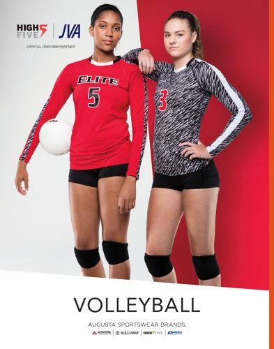 Two volleyball players in uniforms, one holding a ball.