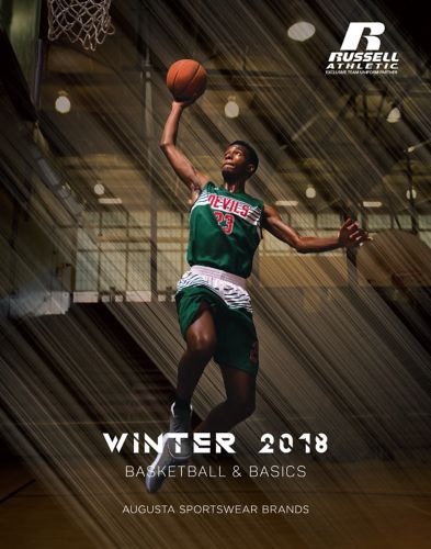Basketball player in green and white uniform shooting the ball. Winter 2018 basketball catalog cover.