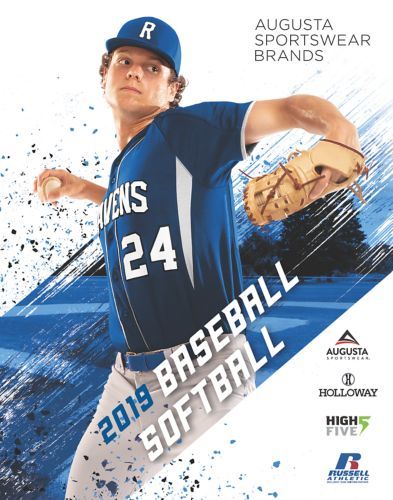 Baseball player throwing ball, wearing blue jersey. 2019 Baseball Softball catalog cover. Augusta Sportswear Brands.