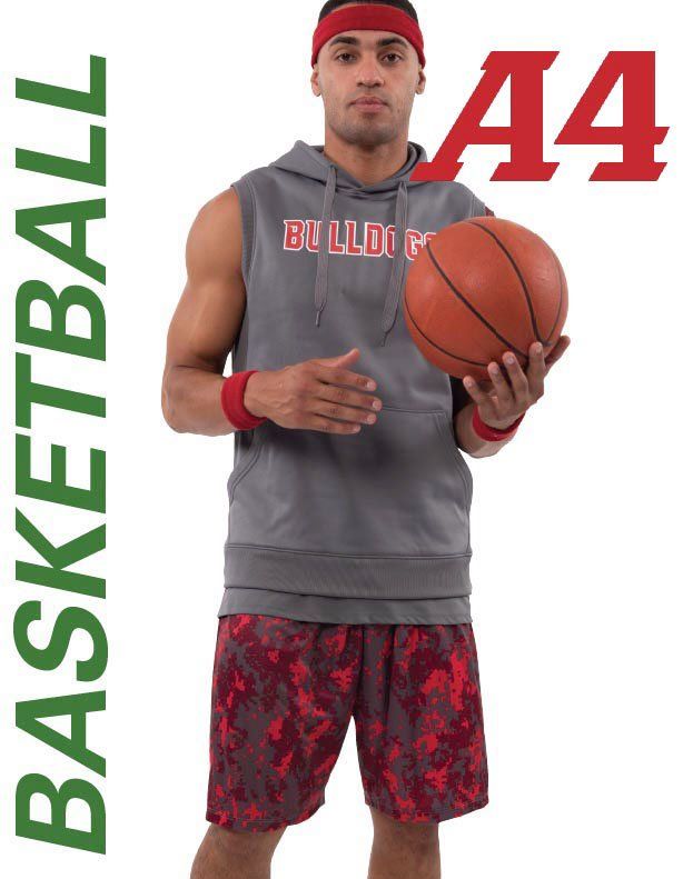 Person holding a basketball, wearing a gray sleeveless hoodie and red shorts. Green