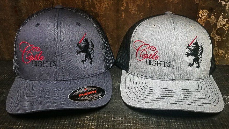 Two baseball caps: one gray, one light gray with black mesh, embroidered logo and 