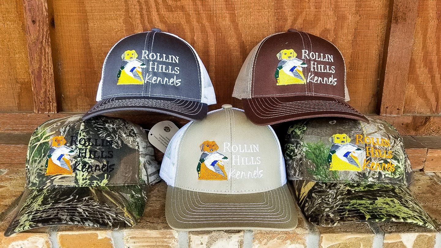 Five trucker hats with logos on a brick surface. Colors: camo, navy, brown, and tan. Mesh backs, logos of a retriever.