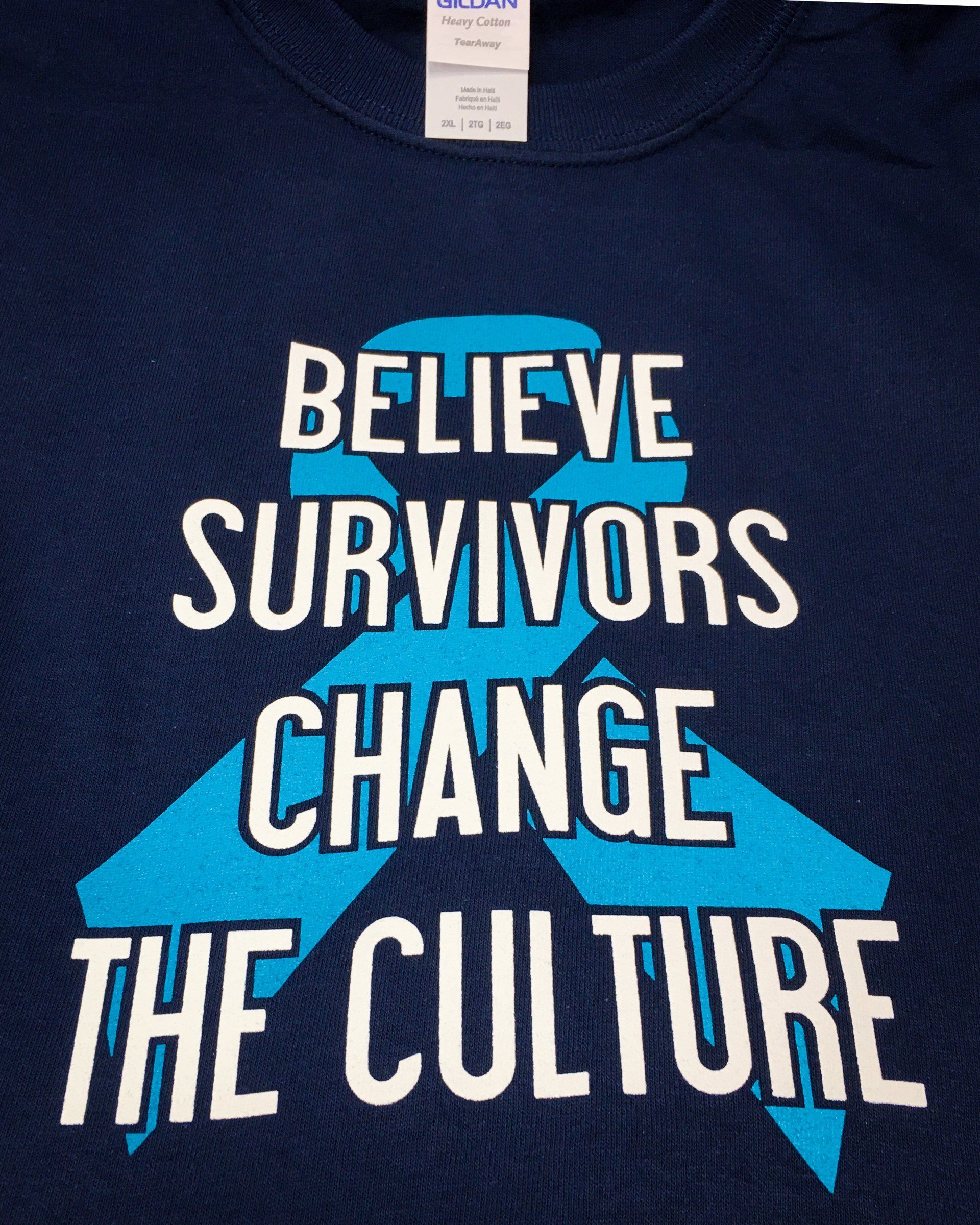 Navy blue shirt with white text 