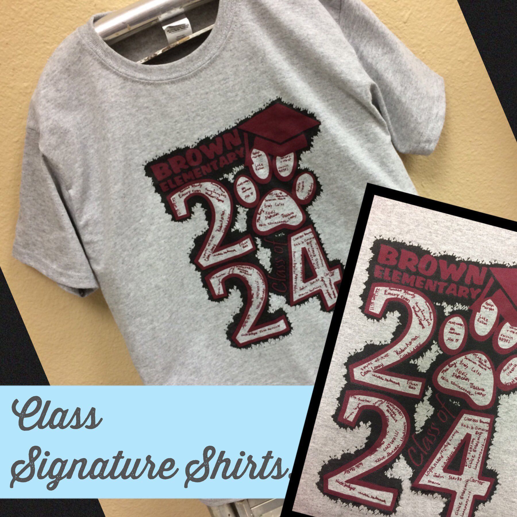 Gray t-shirt with graduation paw print design for Brown Elementary, Class of 2024.